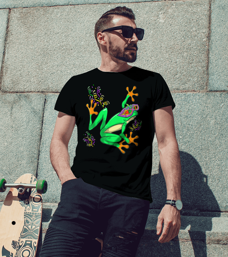 Frog Mardi Gras Mask And Colorful Confetti T-Shirt