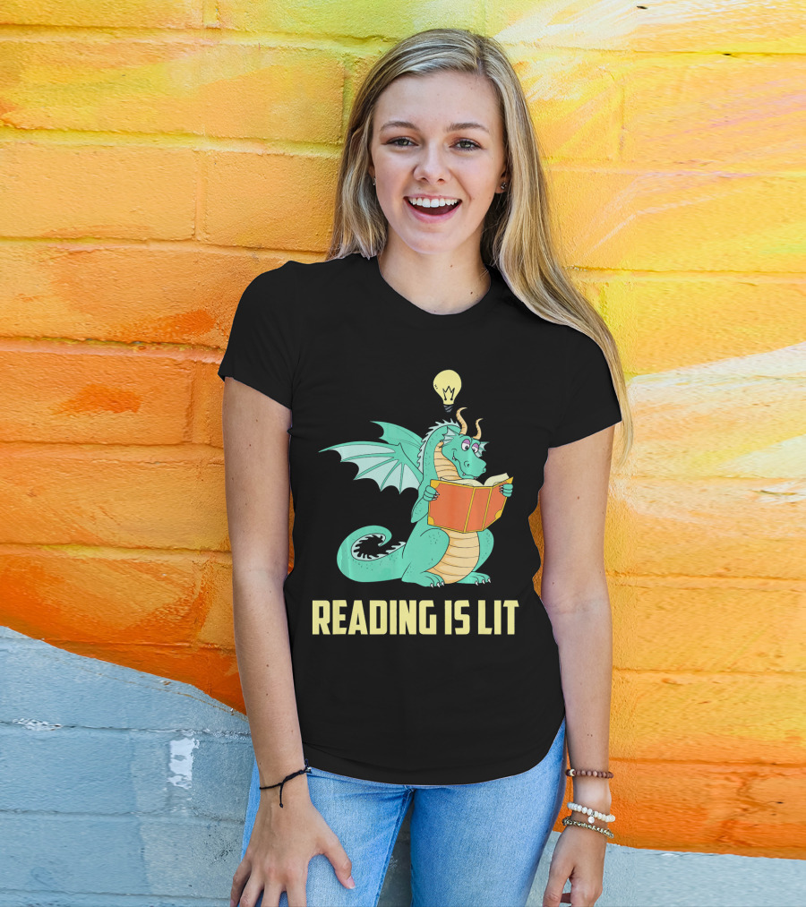 Reading Is Lit Funny Book Dragon With Light Bulb Idea T-Shirt
