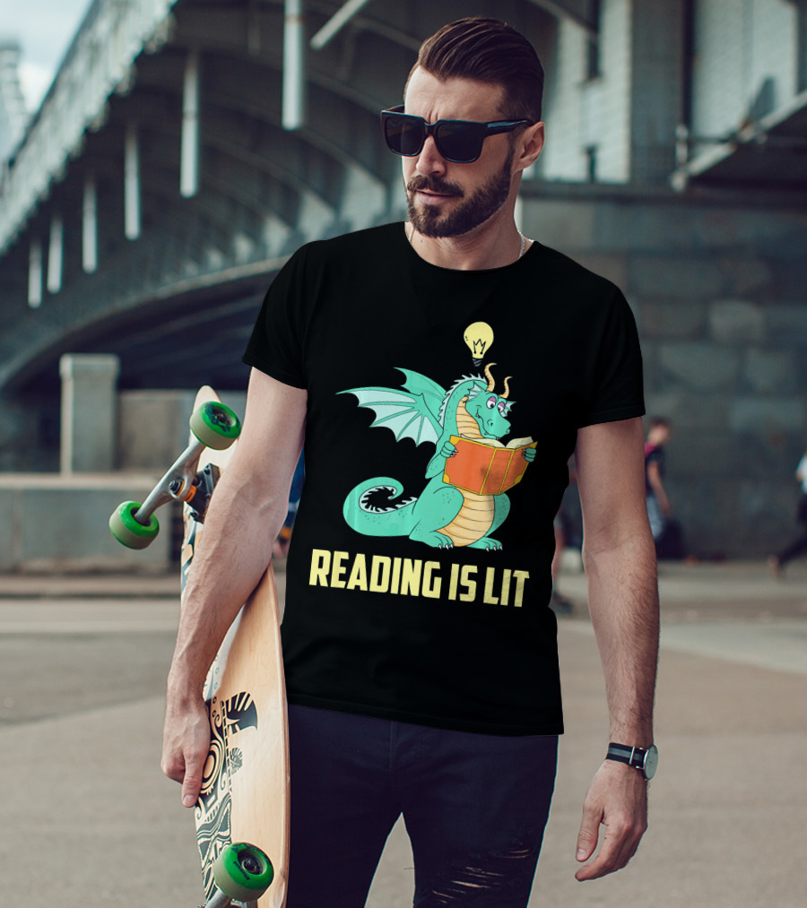 Reading Is Lit Funny Book Dragon With Light Bulb Idea T-Shirt