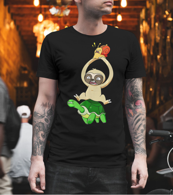 Sloth Holding Snail on Turtle Piggyback Running Adventure T-Shirt Sloth Holding Snail on Turtle Piggyback Running Adventure T-Shirt