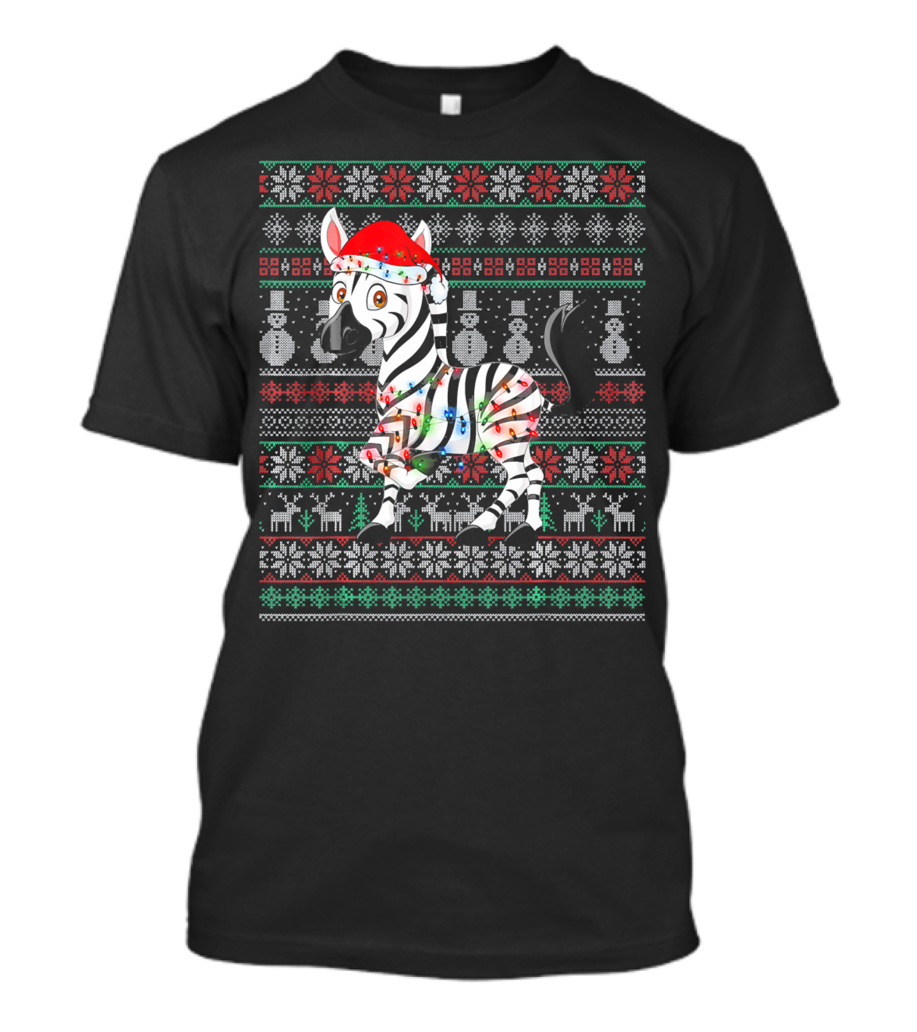 Zebra Santa With Lights Ugly Christmas Sweater Style Snowflakes Reindeer Snowmen T-Shirt