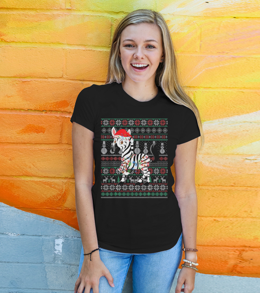 Zebra Santa With Lights Ugly Christmas Sweater Style Snowflakes Reindeer Snowmen T-Shirt