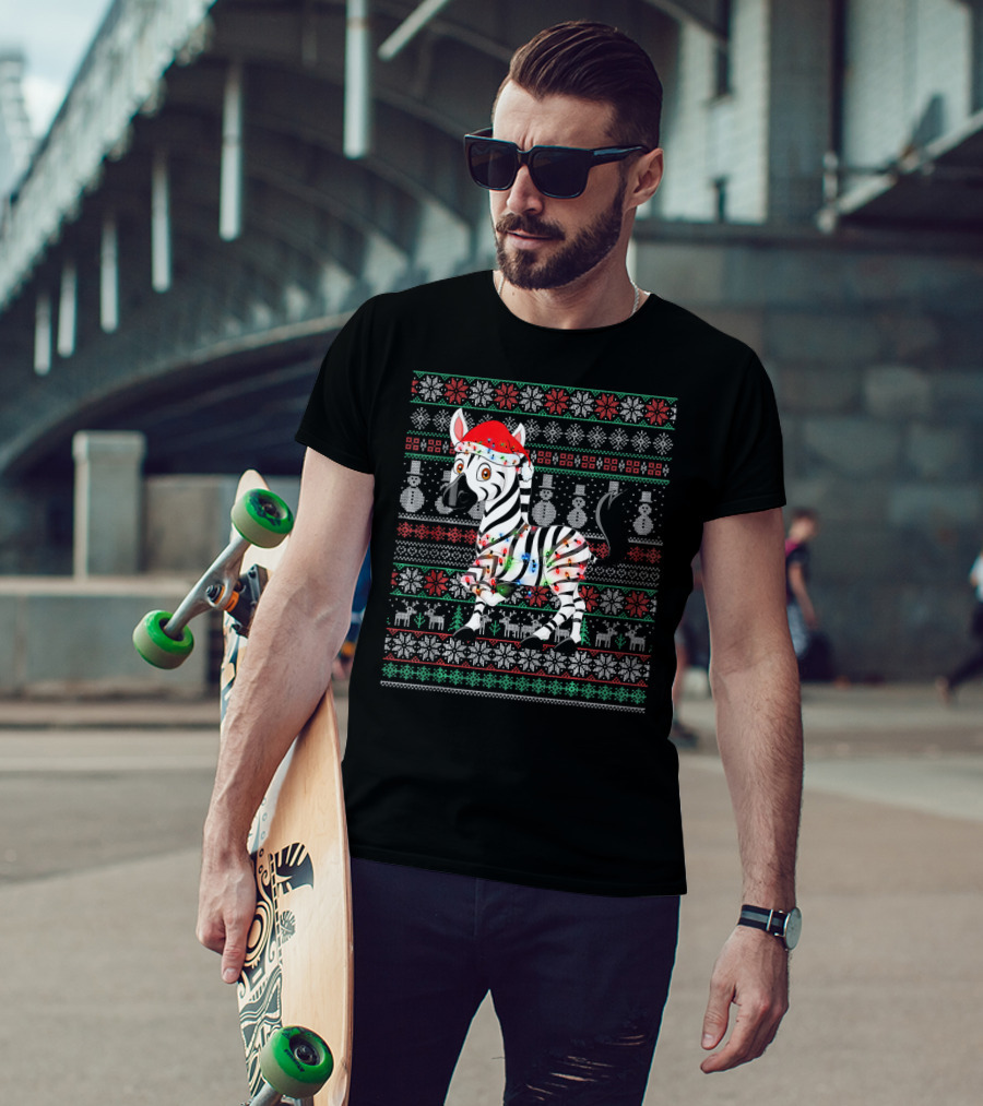 Zebra Santa With Lights Ugly Christmas Sweater Style Snowflakes Reindeer Snowmen T-Shirt
