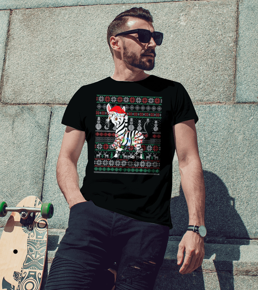 Zebra Santa With Lights Ugly Christmas Sweater Style Snowflakes Reindeer Snowmen T-Shirt