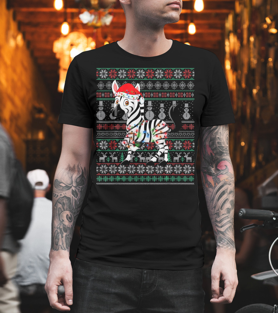 Zebra Santa With Lights Ugly Christmas Sweater Style Snowflakes Reindeer Snowmen T-Shirt