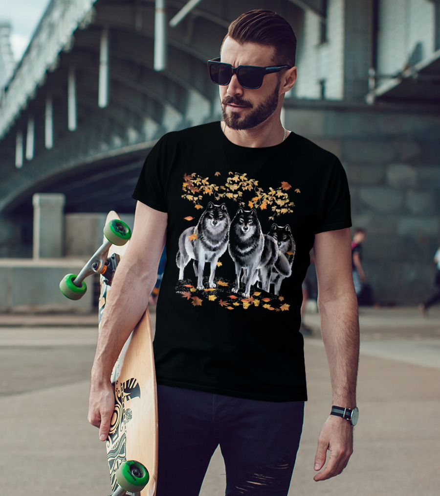 Wolves Among Autumn Leaves T-Shirt