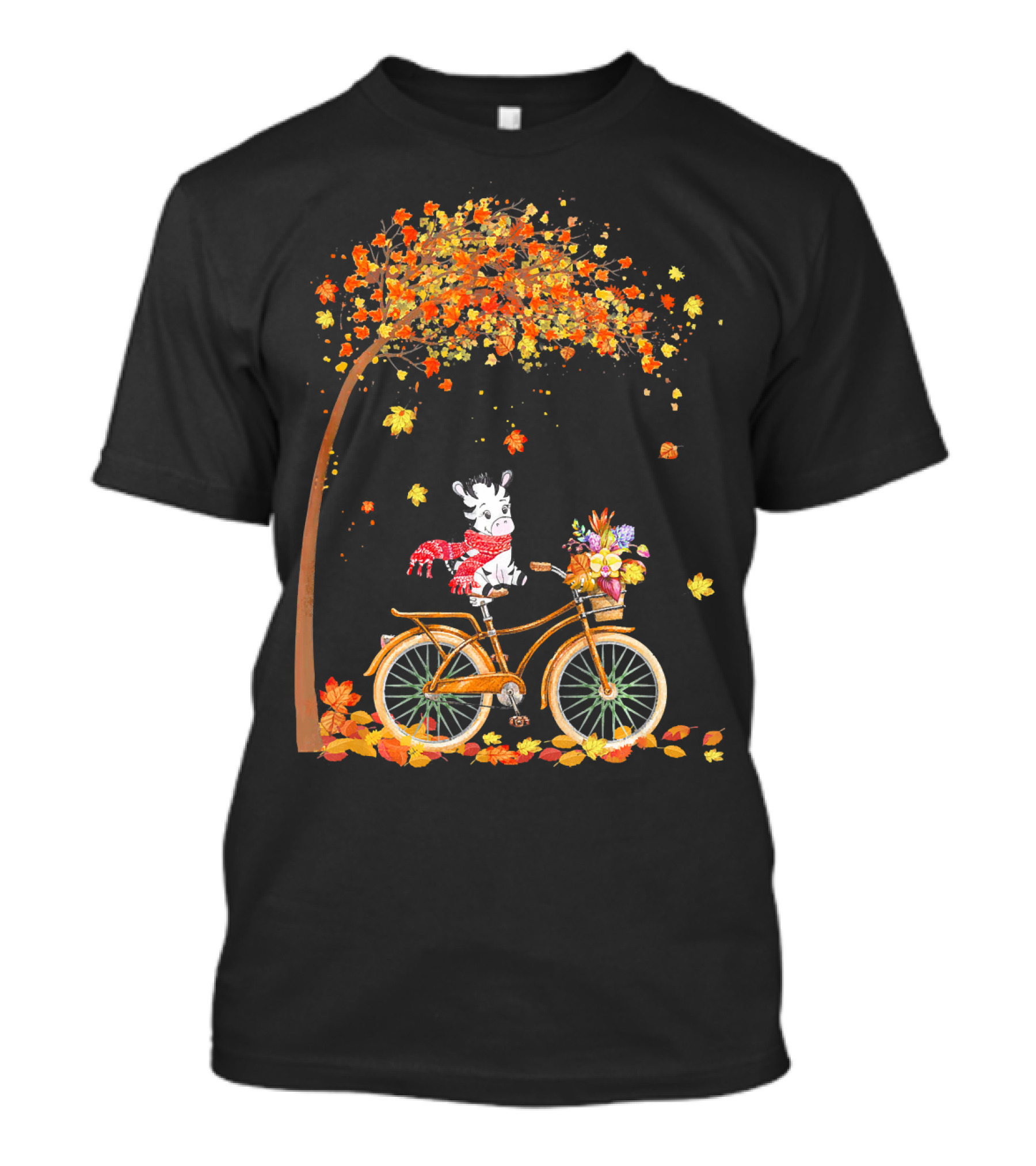 Zebra Riding Bicycle Autumn Leaves Scarf Tree T-Shirt
