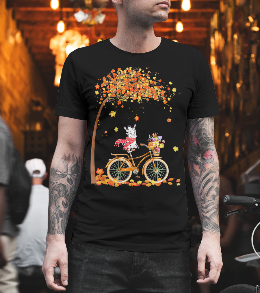Zebra Riding Bicycle Autumn Leaves Scarf Tree T-Shirt