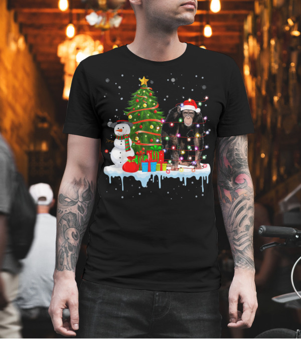Chimpanzee Santa Lights Christmas Tree Snowman Presents T-Shirt Chimpanzee Santa Lights Christmas Tree Snowman Presents T-Shirt