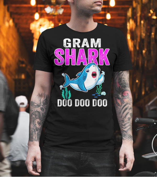 GRAM SHARK DOO DOO DOO Swimming Cartoon Shark With Ocean Plants T-Shirt GRAM SHARK DOO DOO DOO Swimming Cartoon Shark With Ocean Plants T-Shirt