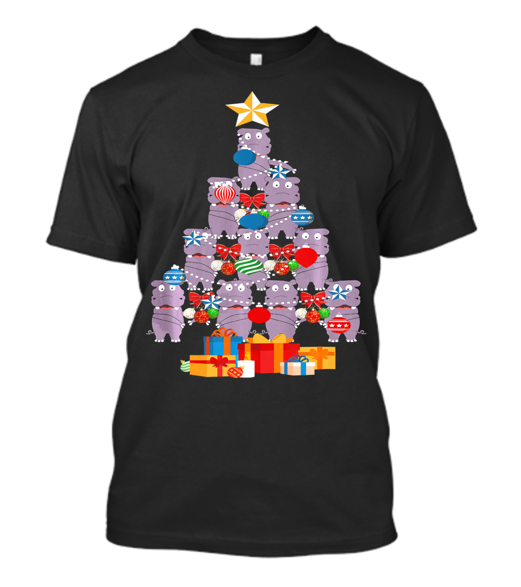 Flossing Hippopotamus Christmas Tree With Gifts And Ornaments T-Shirt