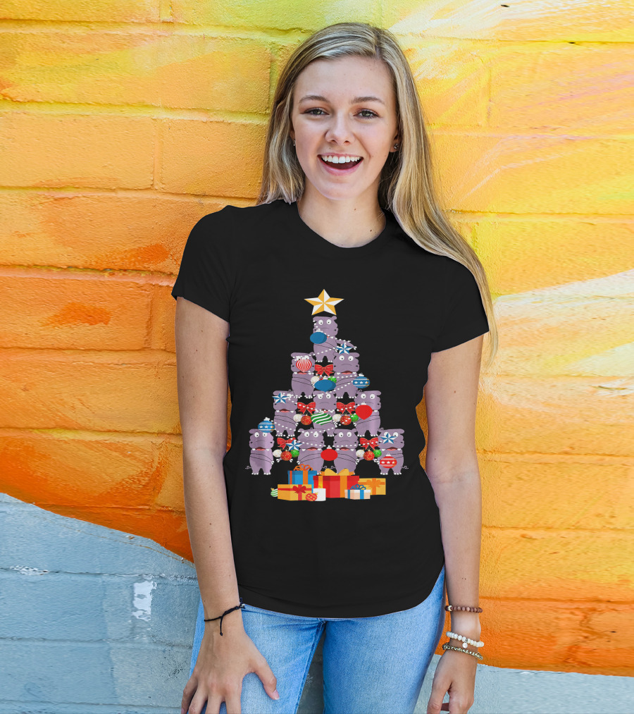 Flossing Hippopotamus Christmas Tree With Gifts And Ornaments T-Shirt
