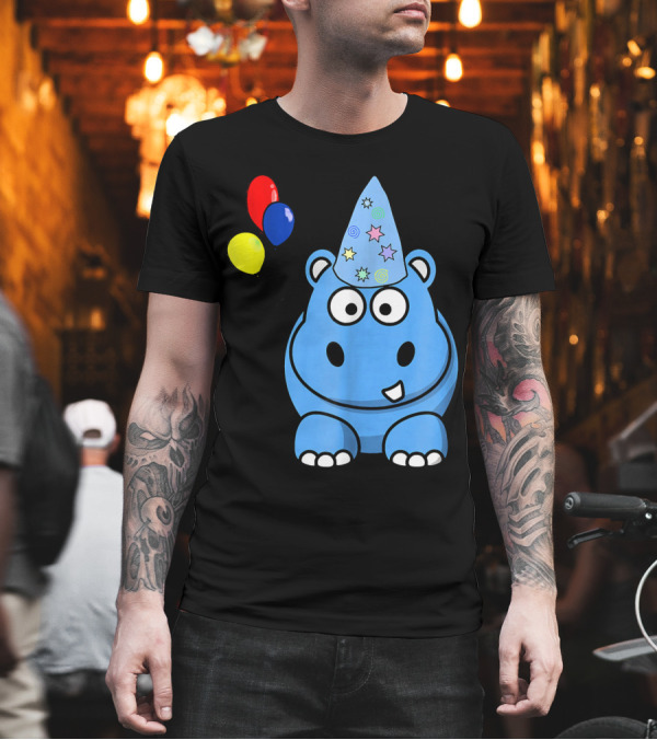 Blue Hippo with Party Hat and Colorful Balloons Birthday T-Shirt Blue Hippo with Party Hat and Colorful Balloons Birthday T-Shirt