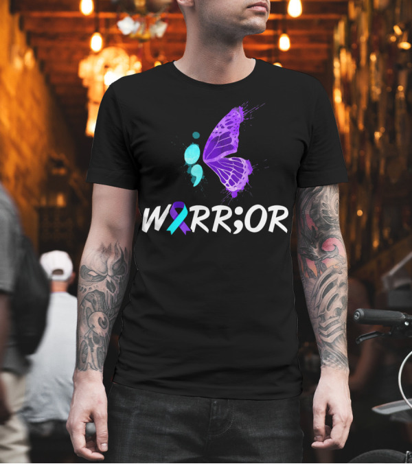 Warrior Semicolon Butterfly with Teal and Purple Ribbon Suicide Prevention T-Shirt Warrior Semicolon Butterfly with Teal and Purple Ribbon Suicide Prevention T-Shirt