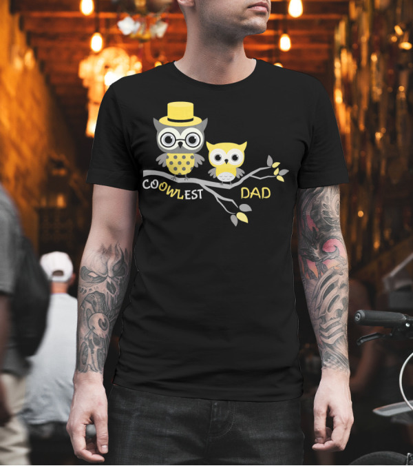 Coowlest Dad Cute Owl Family on Branch with Yellow Hat T-Shirt Coowlest Dad Cute Owl Family on Branch with Yellow Hat T-Shirt