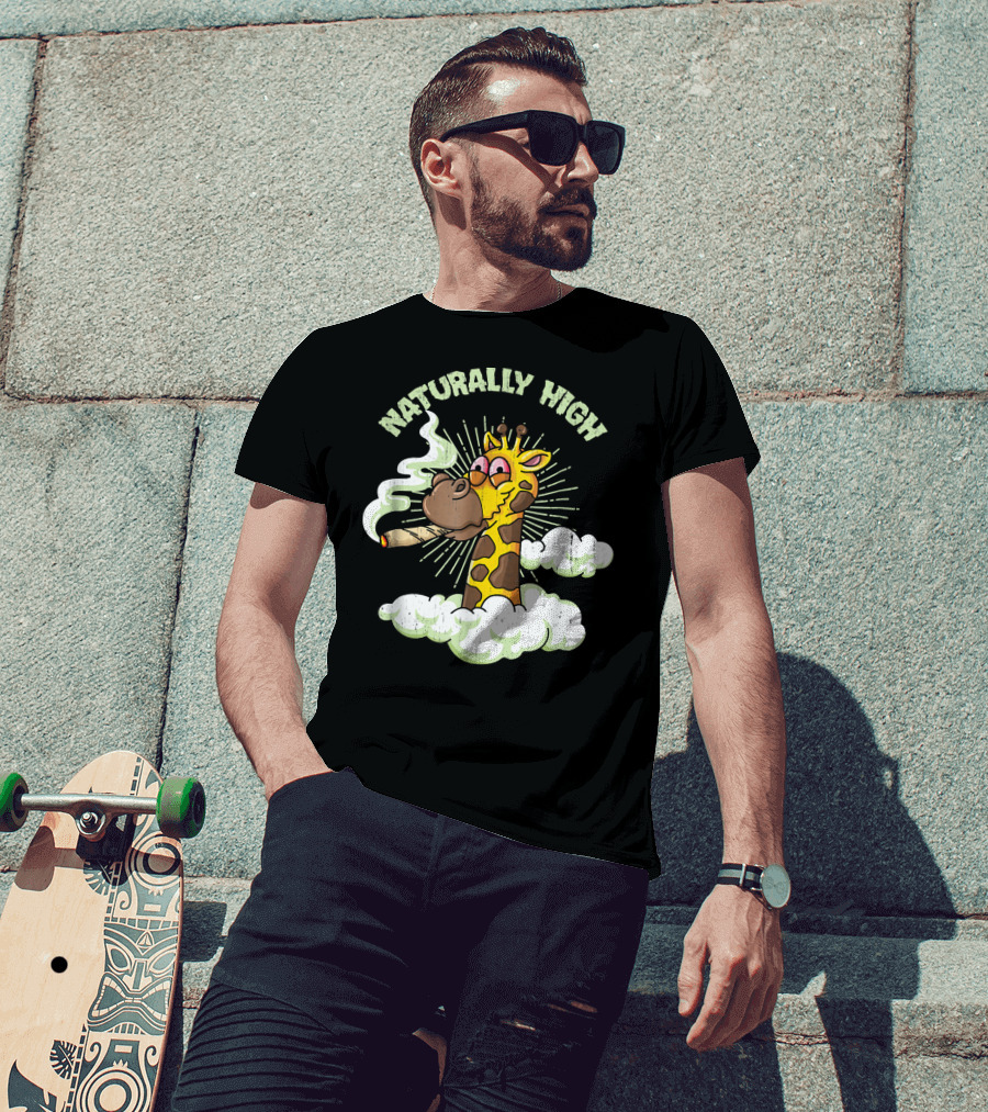 Naturally High Giraffe Smoking Clouds Weed 420 T-Shirt