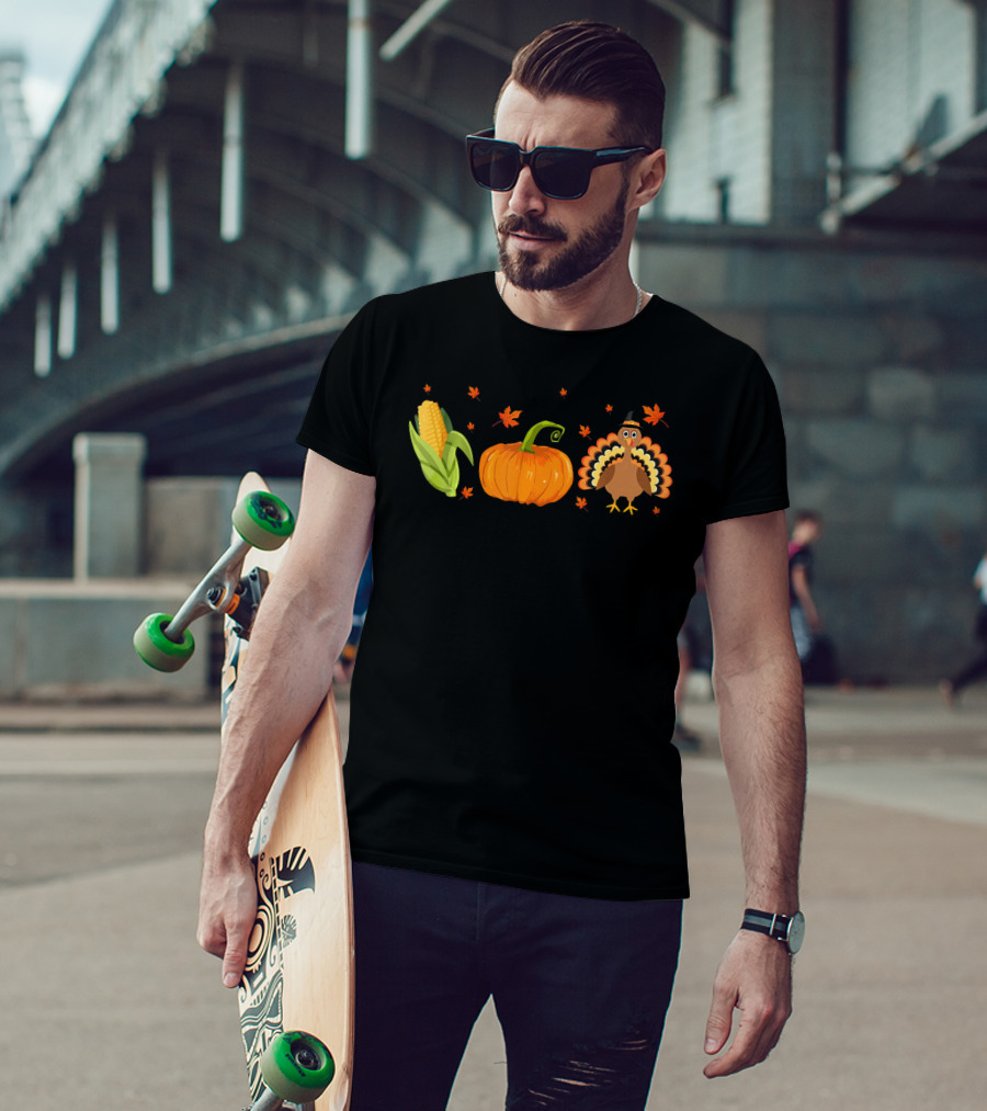 Thanksgiving Funny Corn Pumpkin Turkey With Leaves T-Shirt