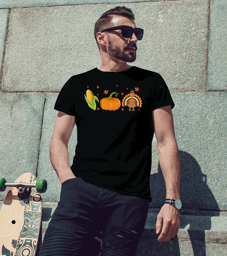 Thanksgiving Funny Corn Pumpkin Turkey With Leaves T-Shirt