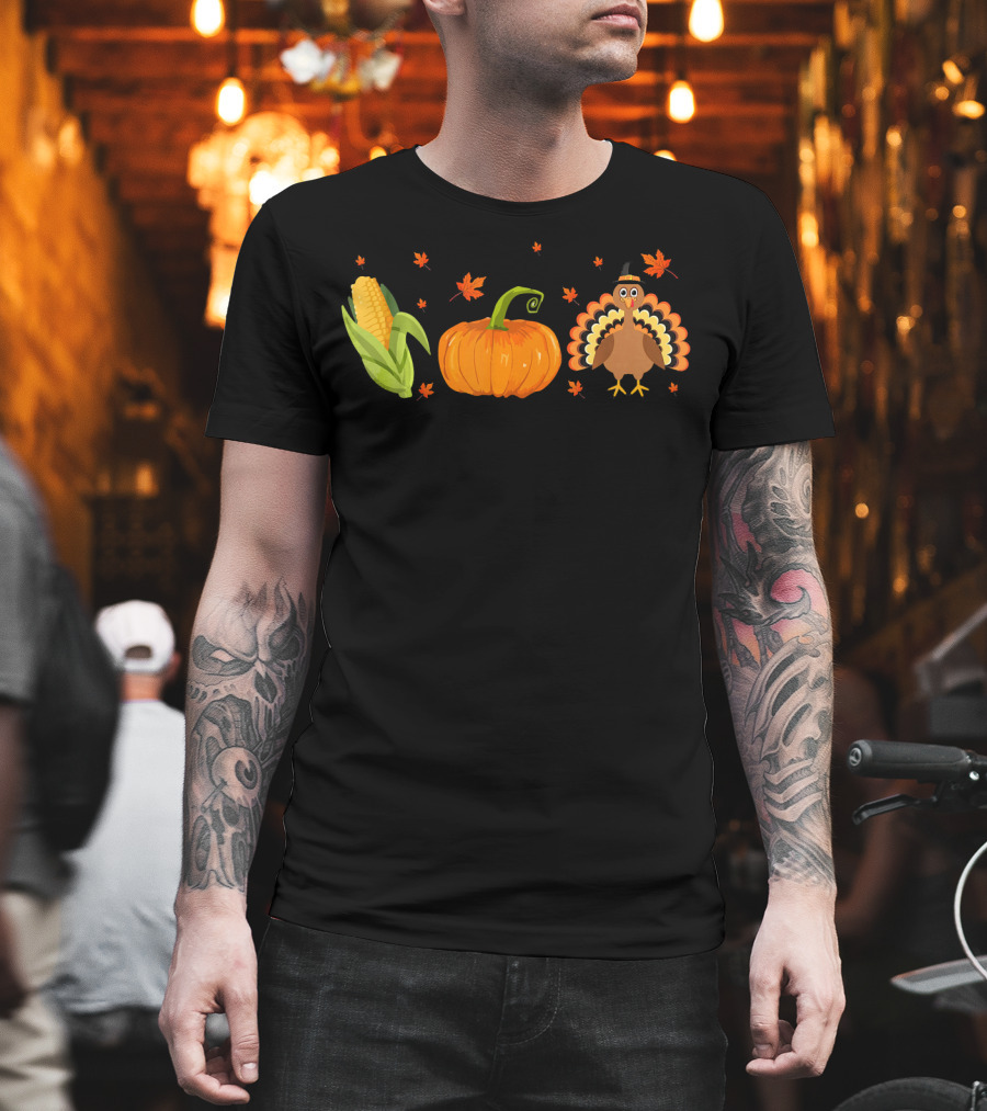 Thanksgiving Funny Corn Pumpkin Turkey With Leaves T-Shirt