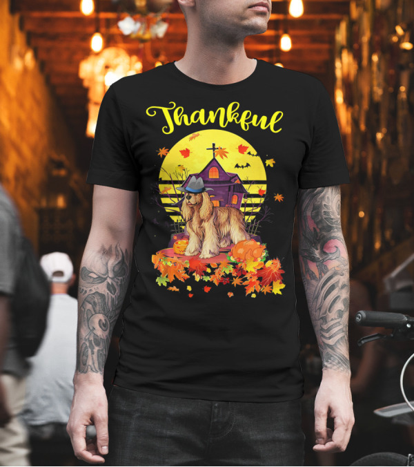 Thankful Cocker Spaniel Dog Pilgrim with Autumn Leaves and Haunted House T-Shirt Thankful Cocker Spaniel Dog Pilgrim with Autumn Leaves and Haunted House T-Shirt