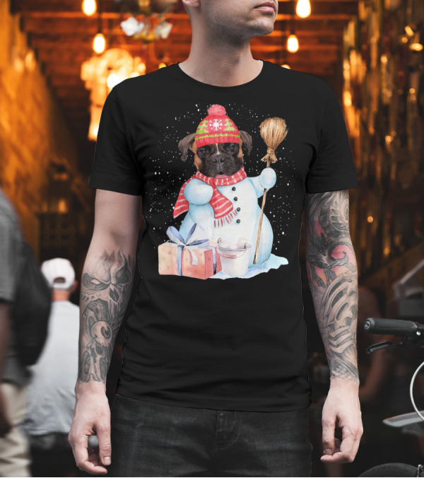 Boxer Snowman Christmas Dog with Broom and Gift in Snowy Night T-Shirt Boxer Snowman Christmas Dog with Broom and Gift in Snowy Night T-Shirt