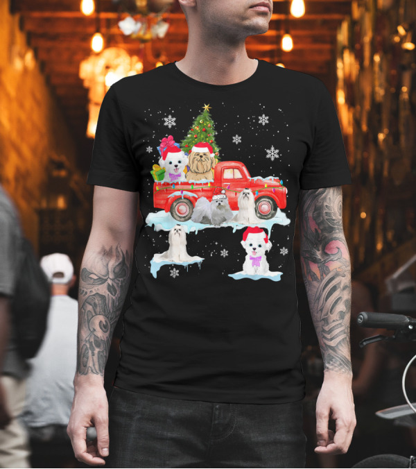 Christmas Maltese Dogs Celebrating on Red Truck with Tree and Snowflakes T-Shirt Christmas Maltese Dogs Celebrating on Red Truck with Tree and Snowflakes T-Shirt