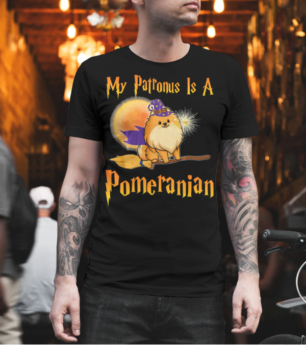 My Patronus Is A Pomeranian Witch Flying on Broom with Moon and Magic Wand T-Shirt My Patronus Is A Pomeranian Witch Flying on Broom with Moon and Magic Wand T-Shirt