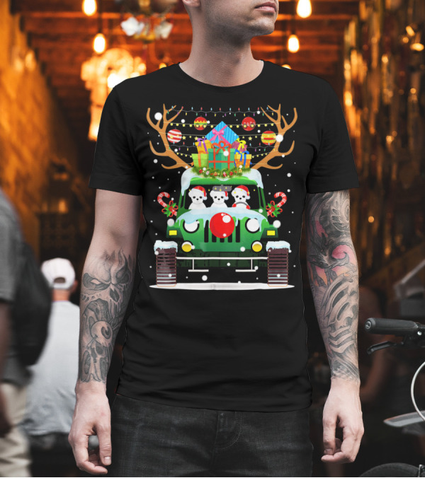 Maltese Dogs in Santa Hats Driving Christmas Jeep with Reindeer Antlers and Gifts T-Shirt Maltese Dogs in Santa Hats Driving Christmas Jeep with Reindeer Antlers and Gifts T-Shirt