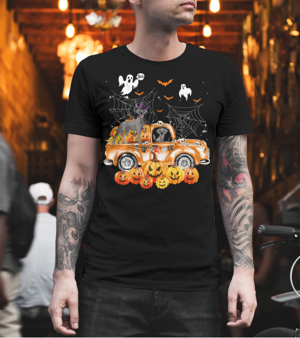 Great Dane Dog on Halloween Pumpkins Truck with Ghosts and Spiderwebs T-Shirt Great Dane Dog on Halloween Pumpkins Truck with Ghosts and Spiderwebs T-Shirt
