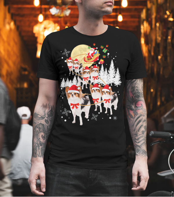 Papillon Dogs Santa Reindeer Christmas Moon Snowflakes Trees T-Shirt Papillon Dogs Santa Reindeer Christmas Moon Snowflakes Trees T-Shirt