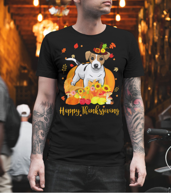 Happy Thanksgiving Jack Russell Dog in Pilgrim Hat with Autumn Harvest T-Shirt Happy Thanksgiving Jack Russell Dog in Pilgrim Hat with Autumn Harvest T-Shirt
