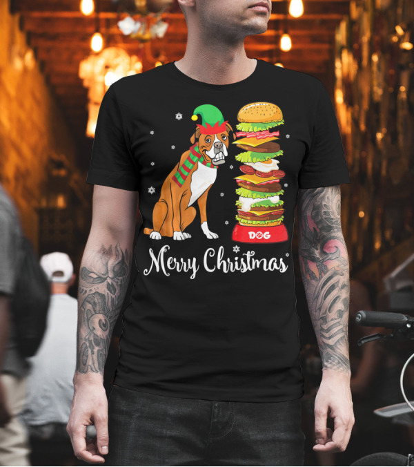 Boxer Dog in Elf Costume with Dog Bowl Burger Merry Christmas T-Shirt Boxer Dog in Elf Costume with Dog Bowl Burger Merry Christmas T-Shirt