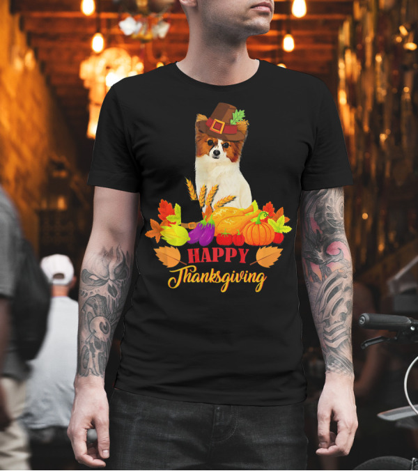 Papillon Happy Thanksgiving Harvest Festival Leaves Pumpkins Dog T-Shirt Papillon Happy Thanksgiving Harvest Festival Leaves Pumpkins Dog T-Shirt