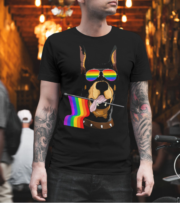 Pride Rainbow Flag Doberman with Sunglasses T-Shirt Pride Rainbow Flag Doberman with Sunglasses T-Shirt