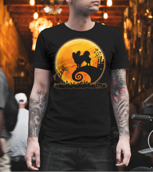Papillon Dog Silhouette Halloween Night Moon Scene T-Shirt Papillon Dog Silhouette Halloween Night Moon Scene T-Shirt