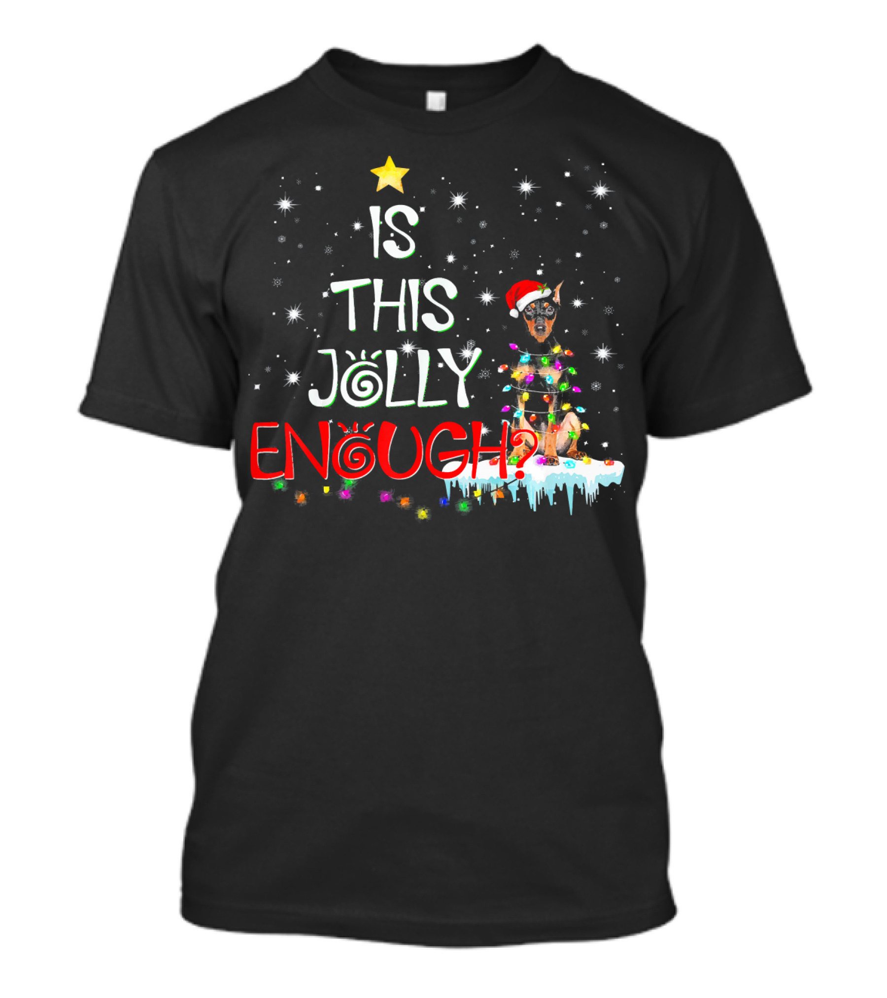 Is This Jolly Enough Christmas Lights Funny Doberman Dog Santa Hat T-Shirt
