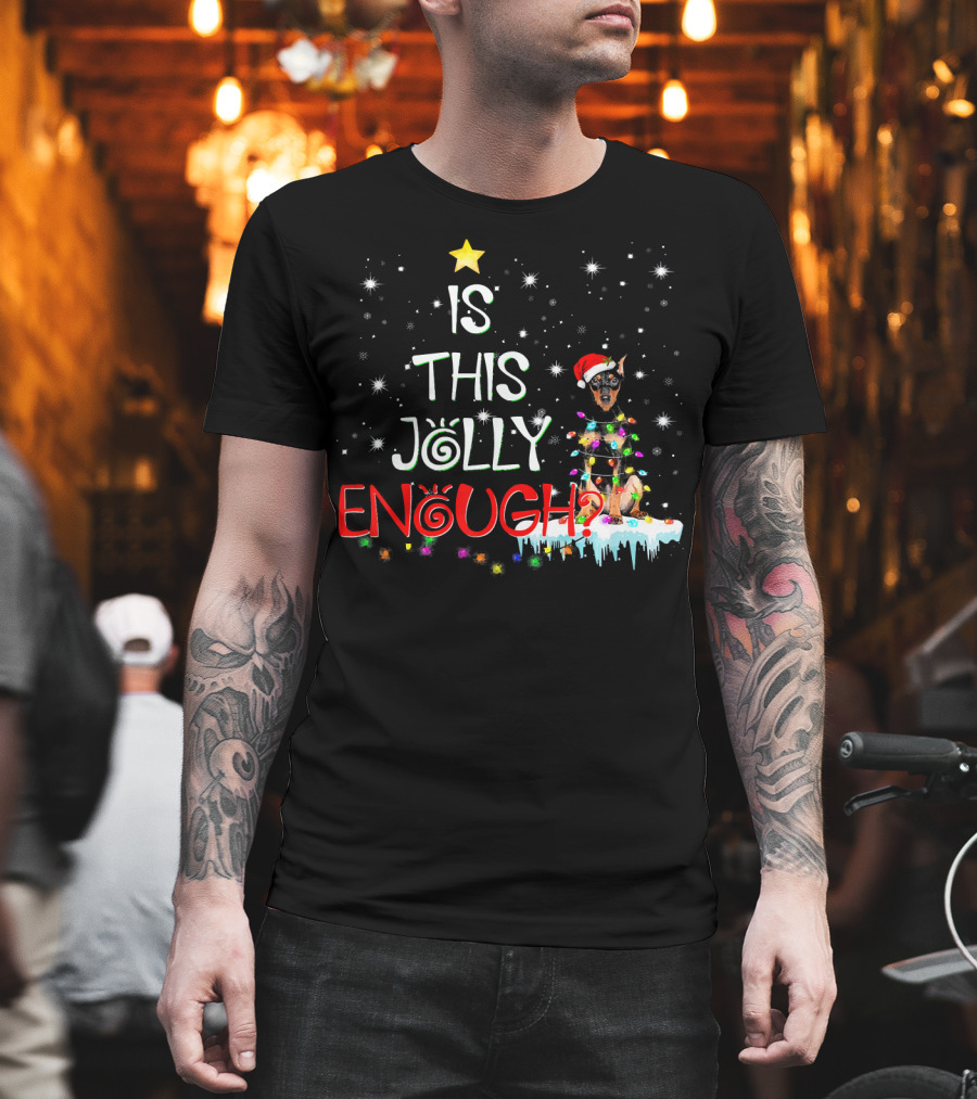 Is This Jolly Enough Christmas Lights Funny Doberman Dog Santa Hat T-Shirt