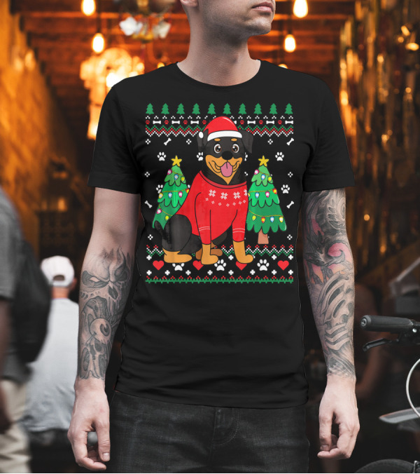 Rottweiler Christmas Sweater Santa Hat Trees Paws T-Shirt Rottweiler Christmas Sweater Santa Hat Trees Paws T-Shirt