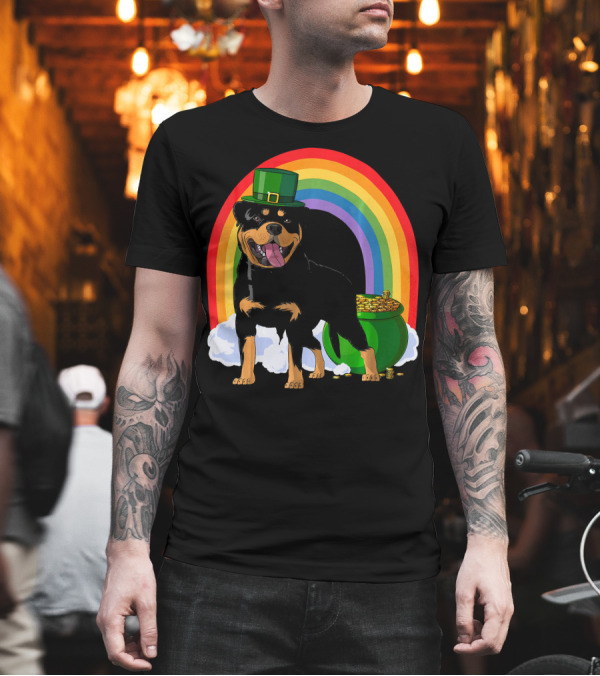 Rottweiler Leprechaun with Rainbow and Pot of Gold St Patricks Day T-Shirt Rottweiler Leprechaun with Rainbow and Pot of Gold St Patricks Day T-Shirt