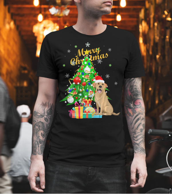 Merry Christmas Labrador Retriever with Tree and Presents T-Shirt Merry Christmas Labrador Retriever with Tree and Presents T-Shirt