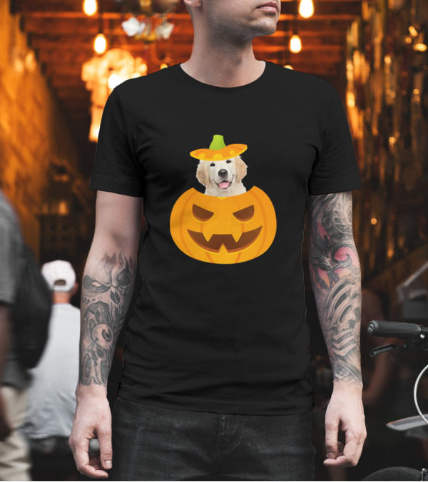 Golden Retriever Puppy Peeking Out from Halloween Pumpkin with Sombrero T-Shirt Golden Retriever Puppy Peeking Out from Halloween Pumpkin with Sombrero T-Shirt