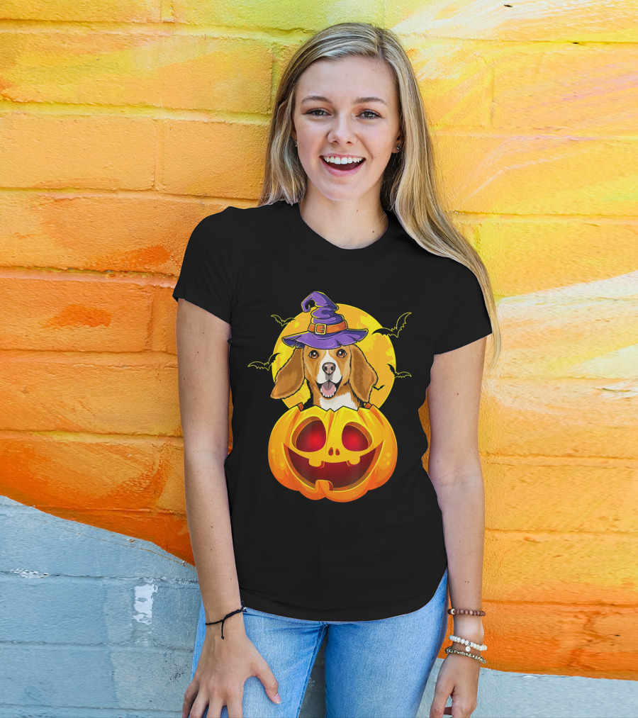 Beagle Witch Hat Jack O Lantern Pumpkin Moon Bats T-Shirt