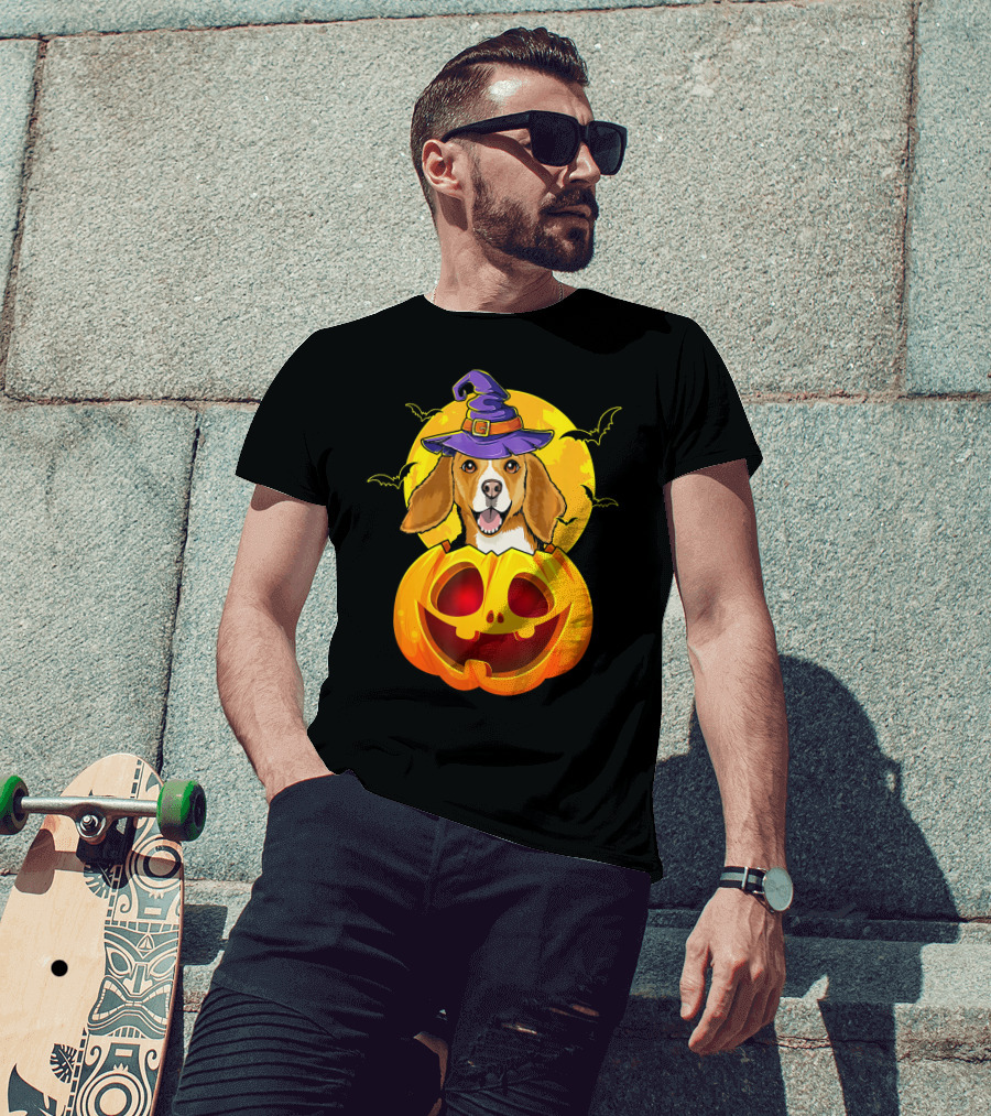 Beagle Witch Hat Jack O Lantern Pumpkin Moon Bats T-Shirt