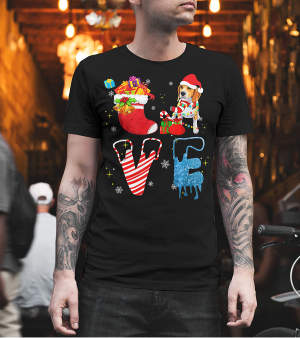 Beagle Forever Love Christmas Stocking Santa Hat Presents Snowflakes T-Shirt Beagle Forever Love Christmas Stocking Santa Hat Presents Snowflakes T-Shirt