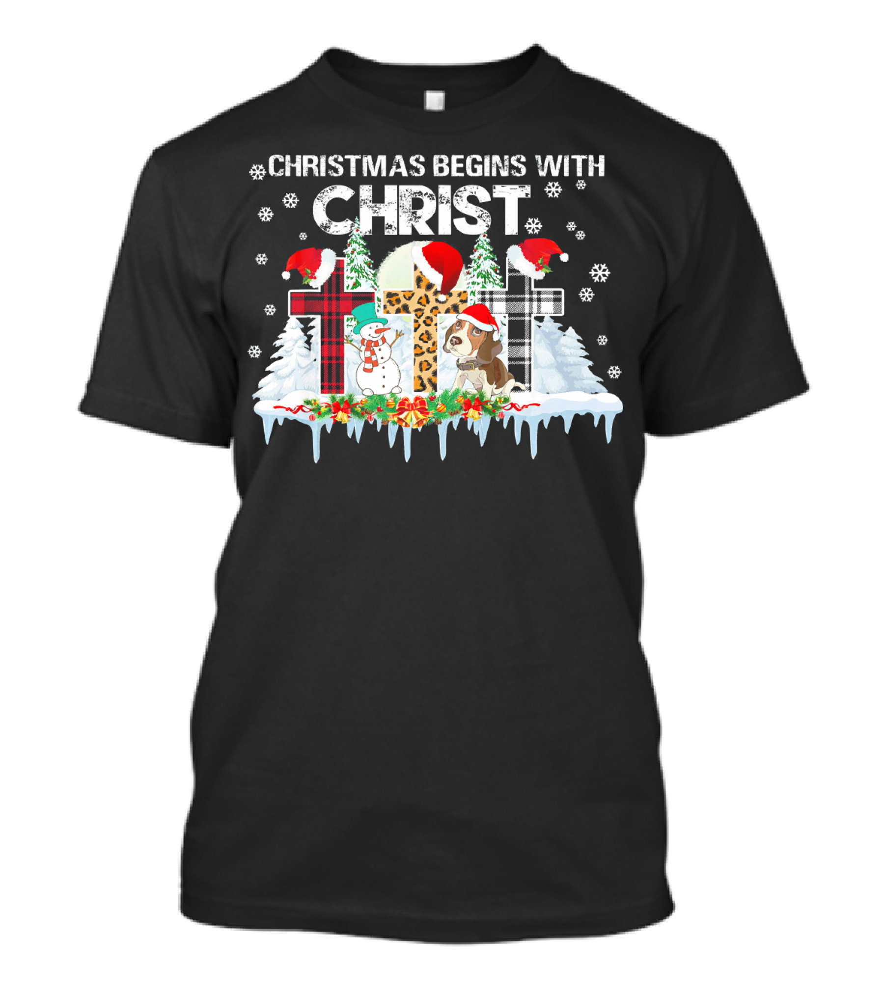 Christmas Begins With Christ Beagle Snowman Santa Hats T-Shirt