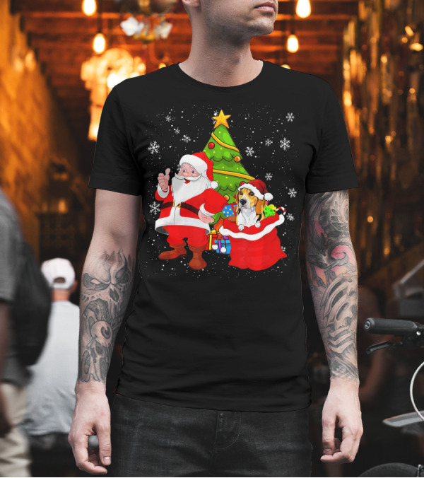 Santa Claus Christmas Beagle with Festive Tree and Snowflakes T-Shirt Santa Claus Christmas Beagle with Festive Tree and Snowflakes T-Shirt