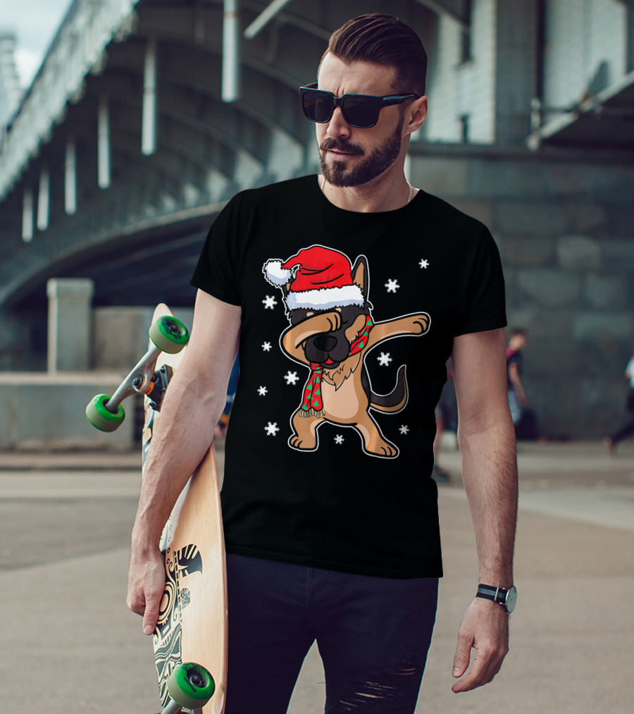 Dabbing Dab German Shepherd Dog Christmas Santa Hat Scarf Snowflakes T-Shirt
