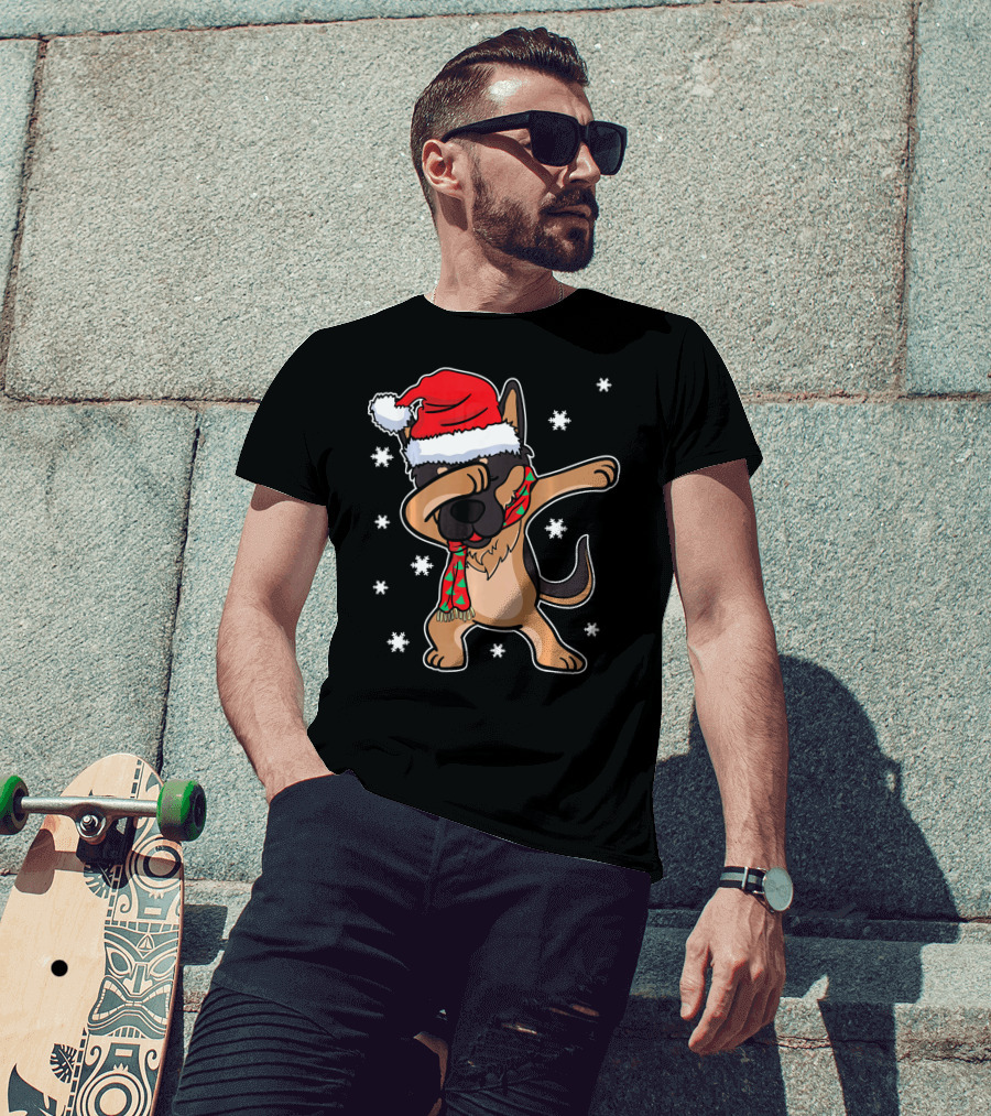 Dabbing Dab German Shepherd Dog Christmas Santa Hat Scarf Snowflakes T-Shirt