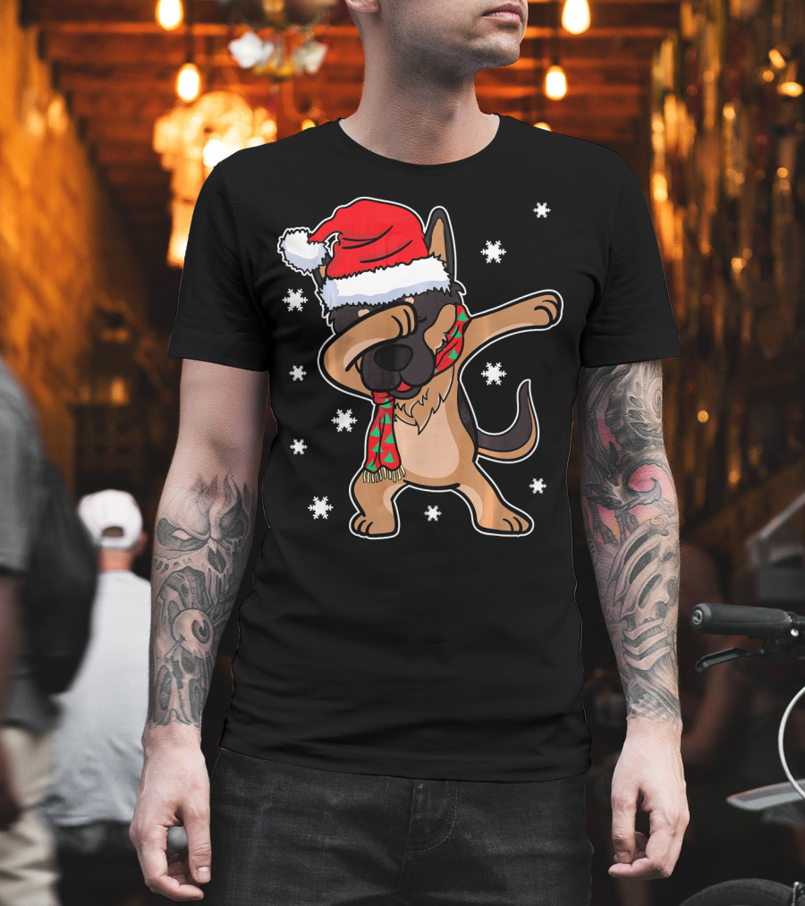 Dabbing Dab German Shepherd Dog Christmas Santa Hat Scarf Snowflakes T-Shirt