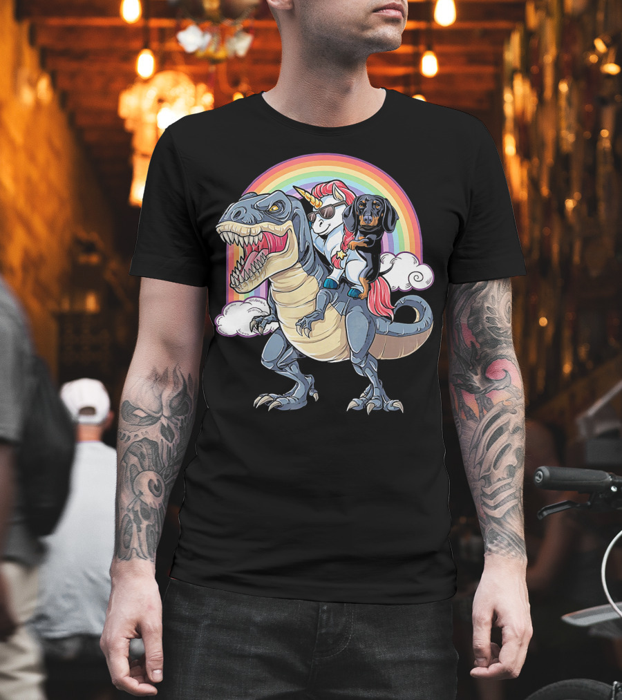 Dachshund And Unicorn Ride Rex Dinosaur With Rainbow And Clouds T-Shirt